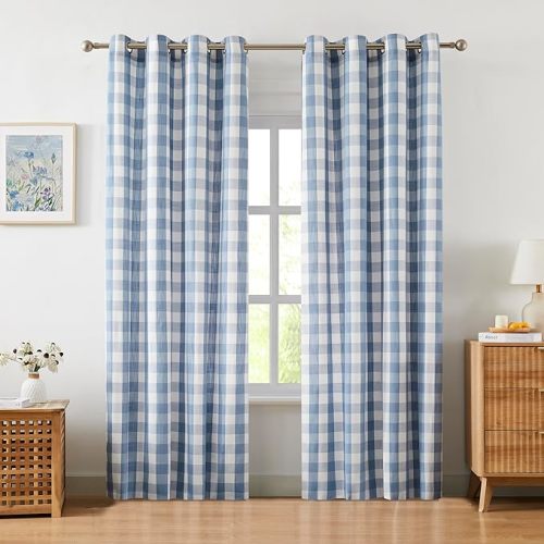 Amzdecor Buffalo Plaid Grommet Curtains 84 Inch Length, Light Filtering Semi-Sheer Check Linen Textured Curtains Drapery for Living Room Bedroom Farmhouse,2 Panels （52" x 84", Dusty Blue & White）