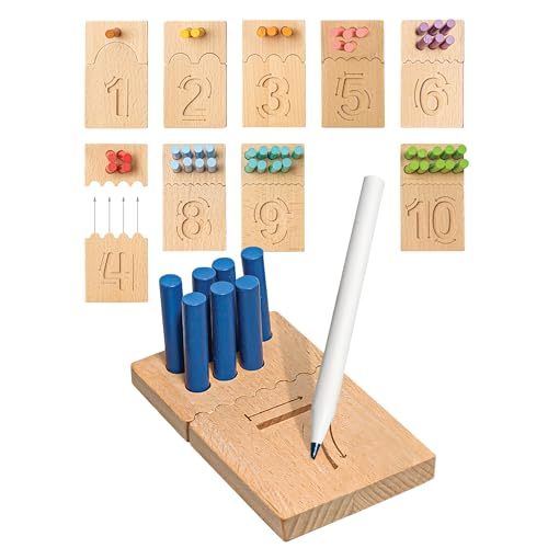 Bimi Boo Counting Peg Boards and Number Tracing for Kids - Wooden Montessori Arithmetic Math Toy Set for Toddlers and Preschoolers - Math Manipulatives for Kindergarten (55 Pegs, 10 Boards, 1 Pencil)