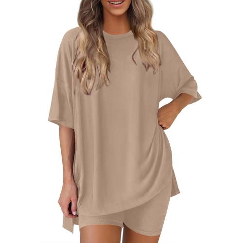 Bovxnpu Summer Casual Outfits For Women, 2 Piece Lounge Sets, Women's Summer Solid Color Round Neck Five Quarter Sleeved Top+shorts Pants Two-piece Set S