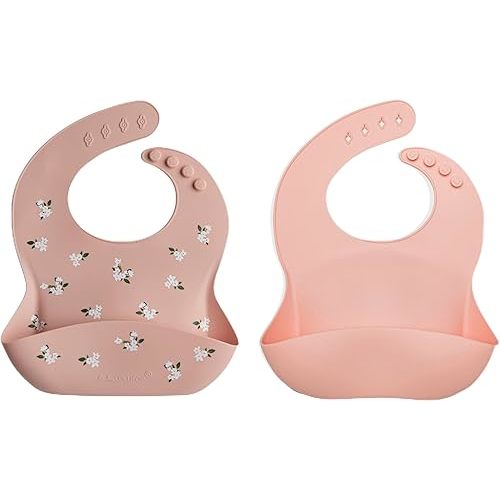 Loulou Lollipop 2 pack Silicone Bib set - White Flower/Pink Quartz, waterproof 2 pk for baby, infant, toddler