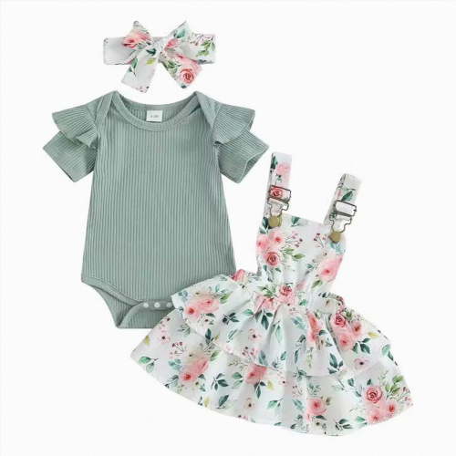 UngA Baby Girl Summer Outfits Short Sleeve Romper Cute Print Overall Dress With Headband Set Newborn Infant Girl Clothes 0-3 Months,Light Blue