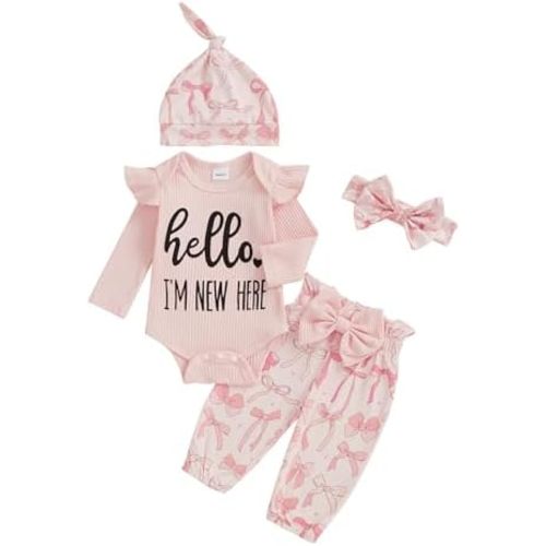 Madjtlqy Newborn Baby Girl Fall Winter Clothes Long Sleeve Ribbed Romper Top Bow Pants Headband Hat Set Coming Home Outfits