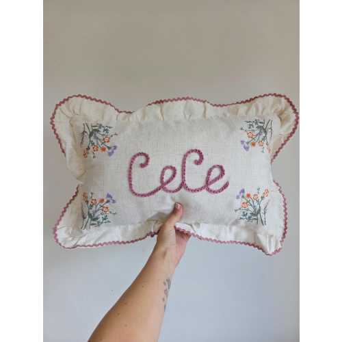 Personalized Embroidered Name Cushion: Floral Ruffle Nursery Decor