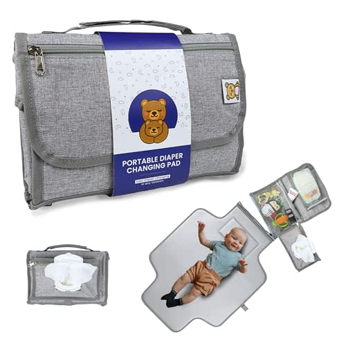 Portable Diaper Changing Pad, Waterproof Travel Baby Changing Mat with Wipes Pocket, Compact Foldable, Gift for Babyshower, Newborn Boys & Girls (Grey)