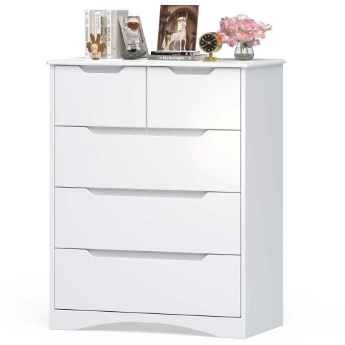 White Dresser, Lofka 5 Drawers Dresser Wood Chest of Drawers with Cut-Out Handles for Bedroom