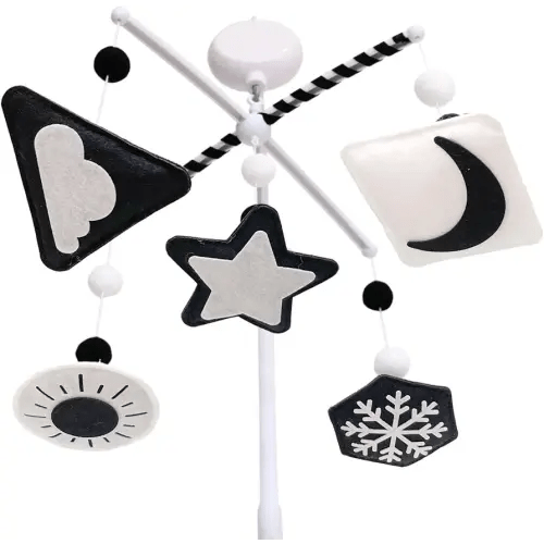Montessori Mobile, Black and White Baby Crib Mobile, Neutral Nursery Mobile Decoration for Pack N Play, for Baby Boy & Girl, Sun, Moon, Star, Snow, Cloud with Arm & Music Box