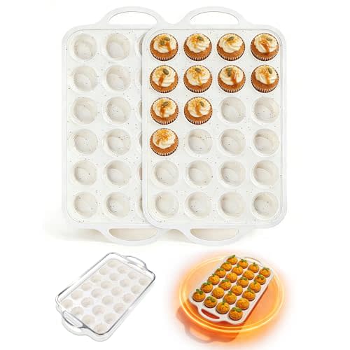 Silicone Muffin Pans With Metal Reinforced Frame - 24 Cups Durable Silicone Baking Pan for Muffins, Cupcakes, BPA Free and Dishwasher Safe - Beige with Rainbow Spots, Set of 2
