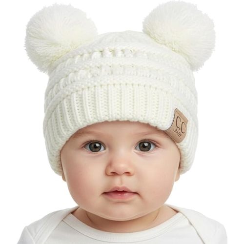 Funky Junque Double Pom Pom Baby Beanie – Newborn Girl Winter Hat 0–12 Months, Cute Cozy Knit Infant Beanies for Cold Weather