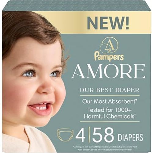 Pampers Amore, Size 4 (15-34 lbs), 58 Count, Our Best Diaper – Hypoallergenic & Fragrance Free, Up to 100% Leakproof, Soft as Cashmere