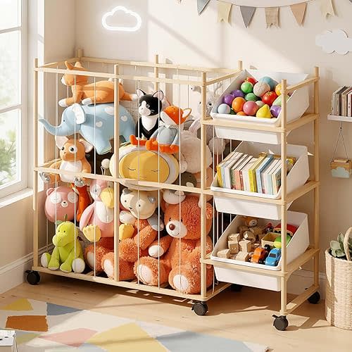 Toy Storage Organizer with 3 Removable Bins, Kids Storage Toy Shelf Organizer for Stuffed Animal Holder for Bedroom Playroom Nursery | Wood & White