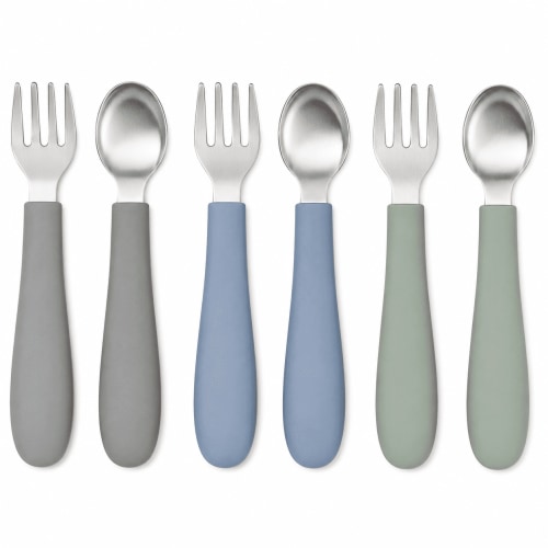 PLERISE Toddler Utensils, 3 Forks & 3 Spoons, 18/8 Stainless Steel & Food Grade Silicone, Thick Easy-Grip Handles, Perfect Length For New Self Feeders, Gentle On Gums & Teeth,