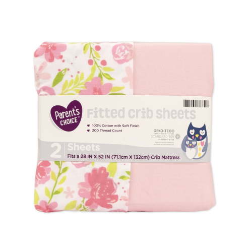 Parent's Choice 100% Cotton Fitted Crib Sheets, 2-Pack, Pink Floral