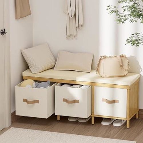 Storage Bench, 43.3" Bamboo Storage Chest with 3 Drawers, Entryway Bench with Cushioned Seat, End of Bed Bench with Storage Toy Box, Toy Chest Storage Bench for Entryway, Living Room, Bedroom