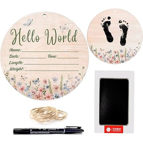 Hello World Baby Announcement Sign, Wildflower Newborn Sign, 6.7 Inch Round Wooden Name Sign for hospital, With Ink Pad for Hand and Footprints, Marker Pen, Baby Photo Prop & Keepsake