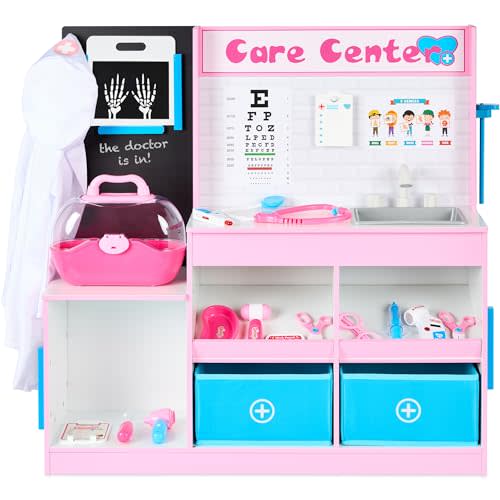 Best Choice Products Pretend Play Doctor's Office, Wooden Medical Center Toy Set for Kids w/Carrying Case, All Accessories Included, Height Measurer, 2-Piece Costume - Pink