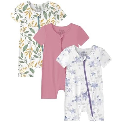 Baby Romper Short Sleeve Footless Jumpsuit Bamboo Boy Girl Summer Clothes 2-Way Zipper Pajamas 3-Pack
