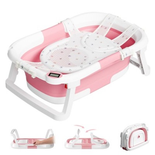 TUMAJUP Collapsible Baby Bathtub for Infants and Toddlers with Bath Net and Thermometer-Baby Pink