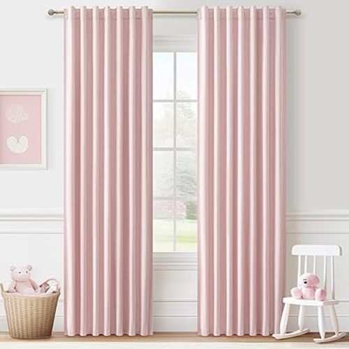 BabyPink Curtains for Girls Room, Cute Blackout Bedroom Curtains Aesthetic 84 Inch Length 2 Panels Set Flax Linen Thermal Drapes Insulated&Soundproof Back Tab/Hook Belt Preppy (50"W x 84"L)