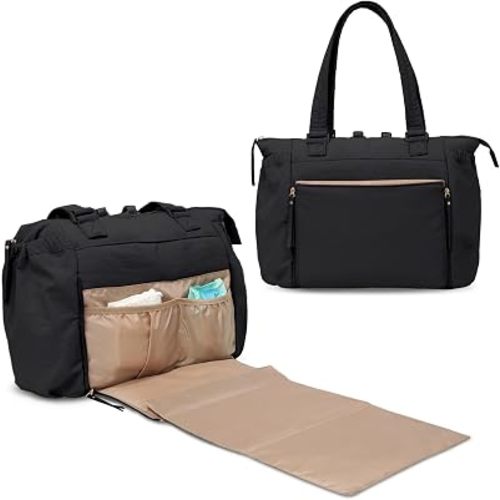 Mominside Diaper Bag Tote - Baby Diaper Bag with Changing Station, 16 Pockets, Travel Diaper Bag Backpack with Stroller Straps, Luggage Sleeve, Baby Bag for Mom Dad，Black