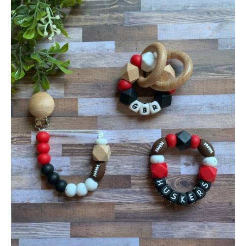 Nebraska Huskers Toy Collection - Pacifier Clip - Rattle - Go Huskers - Baby Huskers Toy Rattle - Red - Black - Football - Baby Gift - Herby