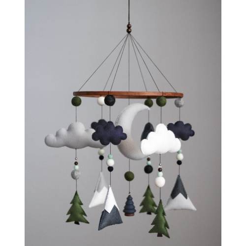 Handmade Wool Felt Baby Mobile – Mountain & Forest Adventure Nursery Decor (Navy, Grey, White, Green)