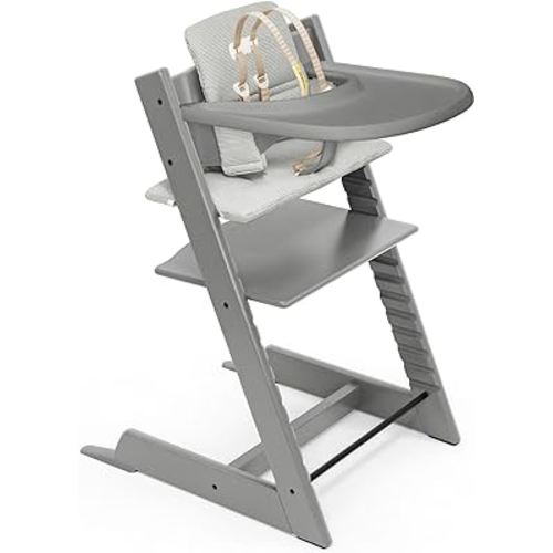 Tripp Trapp High Chair (Storm Grey) and Cushion (Nordic Grey) with Stokke Tray (Storm Grey) - Adjustable, Convertible, All-in-One High Chair for Babies & Toddlers