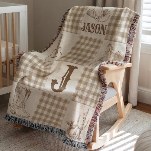Personalized Cowboy Woven Baby Blanket, Western Cowboy Boys Blanket, Heirloom Blanket, Newborn Name Blanket, Baby Name Blanket, Woven Throw