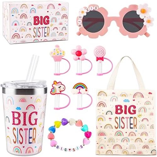 12PCS Big Sister Gifts Set for Girls,12oz Stainless Steel Tumbler With Leakproof Lid and Straw,Cute Silicone Toppers,Sunglasses Bracelet,Canvas Tote Bag for Little Girls Gift Box Set