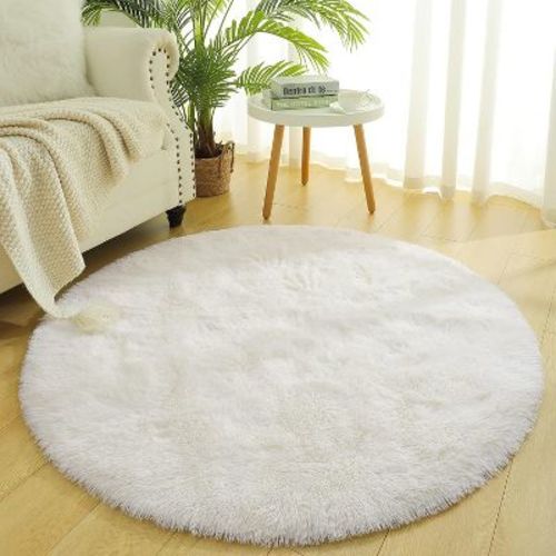 5ft Round Fluffy Area Rug, Soft Shaggy Circle Carpet for Bedroom, Kids Girls Boys Room, Fuzzy Plush Floor Mat off-white 5x5ft
