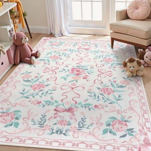 Pink Floral Rugs for Bedroom Girls, 5x7 Bow Nursery Rug for Dorm Washable Area Rug for Living Room, Cute Ultra-Thin Non Slip Indoor Decor Carpet for Kids Room Playroom (Pink 5' x 7')