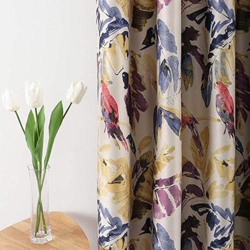 Leeva Window Blackout Curtains and Drapes for Bedroom, Purple and Yellow Leave Macow Print Pattern Heavy Curtain Panels with Grommet Top for Patio Sliding Door, Set of 2, 52x63