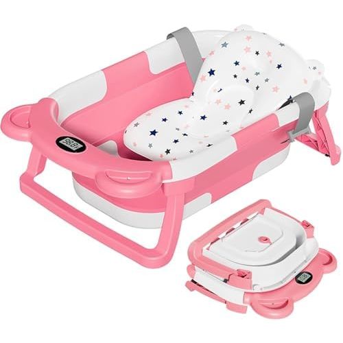 TPN Collapsible Baby Bathtub, Baby Bath Tub with Soft Cushion & Real-Time Thermometer, Baby Bathtub Infant to Toddler Tub (0-36 Months), Portable Newborn Travel Bath Tub