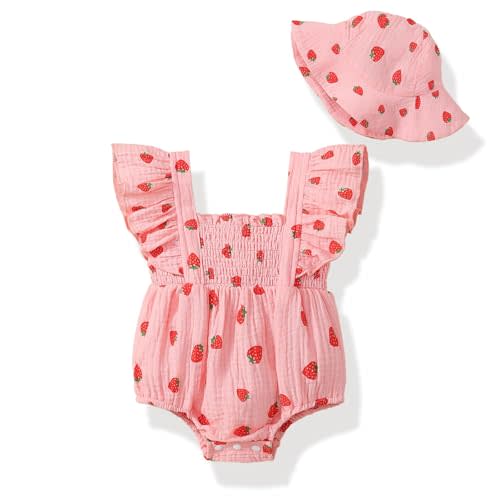 Baby Girl Romper Outfit with Hat,Newborn Floral Smocked Bodysuit Coming Home Outfit Cotton Linen Photo Outfit Set