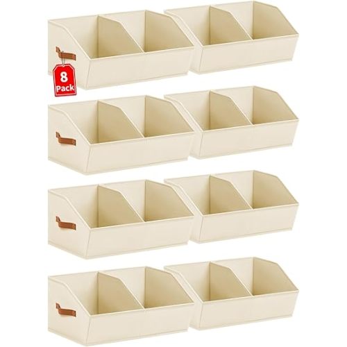 Homsorout Closet Organizers and Storage Bins - 8 Pack Collapsible Divided Trapezoidal Cube Storage Bins Baskets with Orange Handle for Organizing Clothes Blankets, Toys, Books, Towels(Beige)