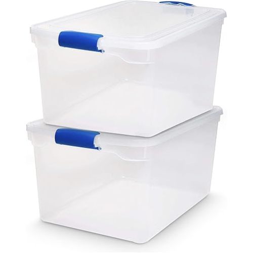 HOMZ 2-Pack Latching Lid, Large Clear Plastic Storage Bins with Lids, 66 Quart, Blue Latch - Stackable Container Boxes for Home, Bathroom, and Office Organization