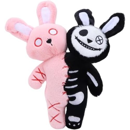 11.5" Double-Headed Bunny Plush Toy, Pink & Black Rabbit Stuffed Animal, Soft Creative Easter Bunny Doll, Cute Gothic Plush Present for Kids Boys Girls, Halloween Christmas Birthday Gift