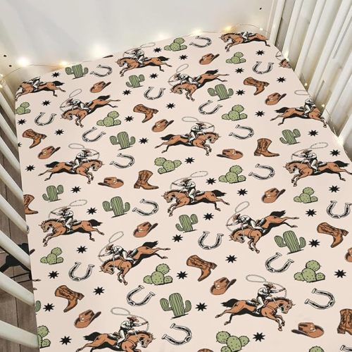 Retro Western Cowboy Baby Crib Sheets for Boy Girl 52x28Inch Cowboy Boots Hat Horse Cactus Soft Snug Fitted Crib Mattress Cover Wild West Desert Baby Sheet for Standard Crib & Toddler Mattress Pad