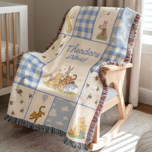 Personalized Winnie the Pooh Woven Baby Boy Blanket, Custom Baby Blanket with name, Classic Pooh Nursery Decor, Newborn Name Blanket
