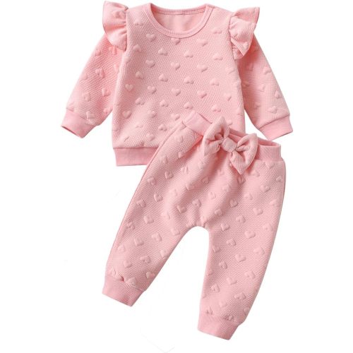 Infant Baby Girls Clothes Solid Color Long Sleeve Ruffle Pullover Sweatshirt Tops Pants Tracksuit 2PCS Outfits Set