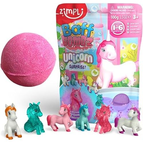 Zimpli Kids Large Unicorn Surprise Bath Bomb, 1 of 6 Surprise Unicorn Toys to Collect, One per Baff Bomb, Children's Collectable Bath Toy