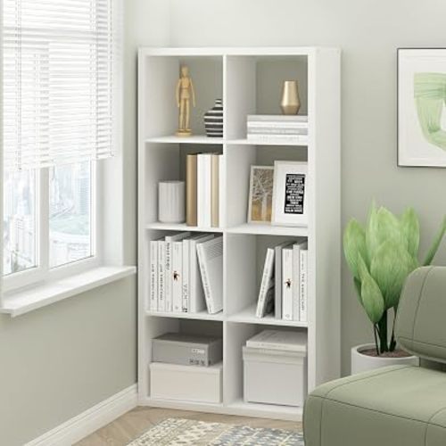 Furinno Cubicle Book Shelf, 8-Cube Bookshelf, Extra Thick Frame Horizontally & Vertically Reversible Bookcase with Open Back, 14.6 x 30 x 58, for Living Room, Bedroom, Home Office, Plain White