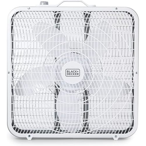 BLACK+DECKER Box Fan with 3 Speed Settings, 20” Box Fan with Carrying Handle, Rotary Knob and Recessed Cord Storage, Portable Fan and Cooling Fan for Home, Office, Garage, Basement & More