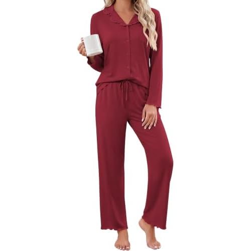 Ekouaer Womens Pajama Set Ruffle Button Down Pjs Long Sleeve Sleepwear