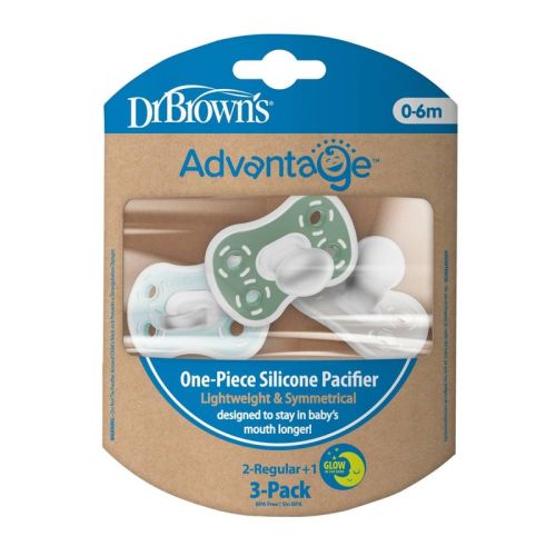 Dr. Brown's Advantage One-Piece Lightweight Silicone Pacifier Stage One, with one Glow-in-the-Dark Pacifier - 3pk