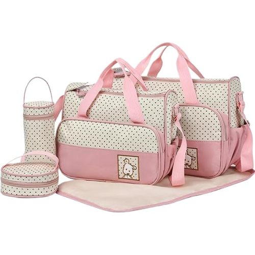 Baby Diaper Bags, 5pcs/set Waterproof Diaper Bag Tote Set with Handbags, Bottle Bag, Small Lunch Bag & Diaper Mat, Portable Baby Diaper Bag for Parents (Pink)