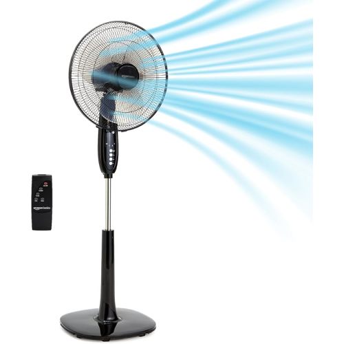 Amazon Basics 16" Pedestal Fan with Remote for Bedroom, Living Room, Office, Adjustable Height, Dual-Layered Blades, 3 Speeds, 3 Modes, Timer, Tilt Head, 60W, Black