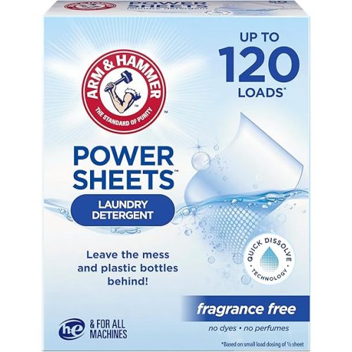 ARM & HAMMER Power Sheets Laundry Detergent, Fragrance Free, No Dyes or Perfumes, Lightweight and Travel-Friendly, 60 Count, Up to 120 Small Loads