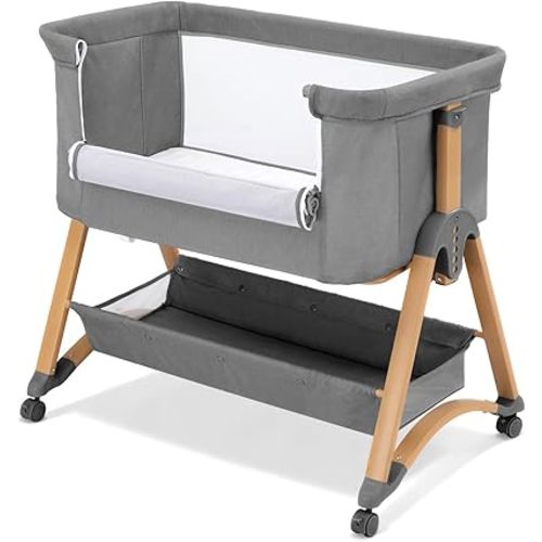Baby Bassinet Bedside Bassinet with Large Storage Basket, Cozy Mattress, Rocking Mode, Adjustable Heights, Portable Bedside Crib for Newborn(Dark Grey)