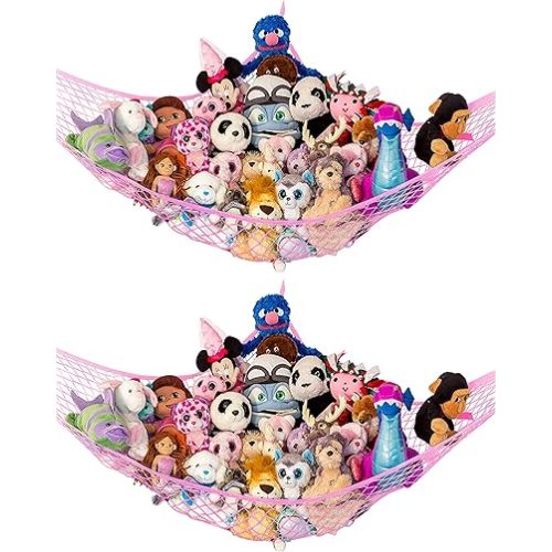Lilly's Love Stuffed Animal Hammock | Corner Hanging Organizer, Toy Storage, Stuffed Animal Storage Net | Made from Quality Fishing Net, Holds 12lbs | 67"x47"x47" (Pink, 2 Pack)