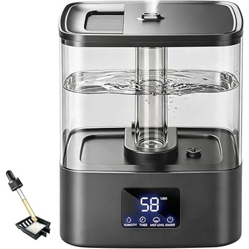 KZF 4L Top Fill Humidifiers for Bedroom & 40H Runtime - Cool Mist Humidifier, 3 Mist Levels, 8H Timer, Essential Oil Tray, Humidity Display, Quiet for Baby, Plants, Large Room (Black, 4, Liters)